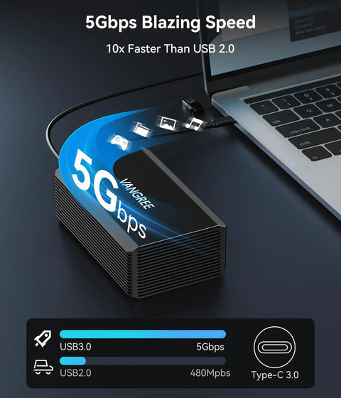 Dual Bay Raid Enclosure For 2.5 And 3.5 In Sata Hdd Ssd Aluminum External Dock With Fast Usb 3.0 Port displaying USB speeds.
