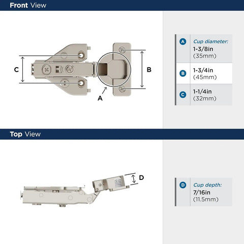 Heavy Duty Euro Concealed Cabinet Hinges Pair With Self Closing Soft Close Mechanism Half Inch Overlay Face Frame Assembly dimensions shown