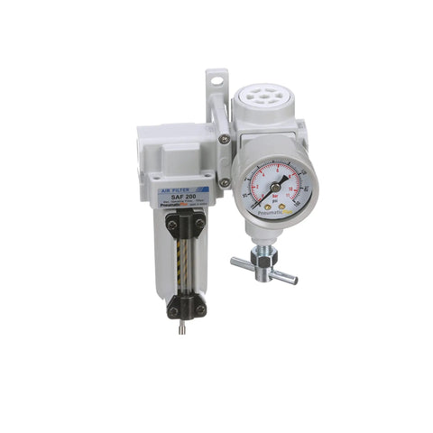 Front view of SAU220T N02G MEP Mini All In One Compressed Air Filter Regulator Combo with metal bowl and gauge for shop use
