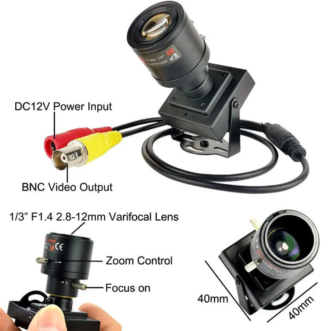 Compact Bullet Security Camera 960H 1000TVL HD with 2.8 to 12mm Varifocal Lens, metal case, connectors and zoom controls