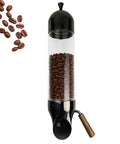 Wall Mount Airtight Coffee Bean Dispenser With Adjustable Flow Settings And Heavy Duty Steel Glass Canister, showcasing coffee beans.