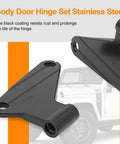 8 Pcs Body Door Hinge Set For Wrangler JK JKU Unlimited 07 18 Aluminum Interior Door Hinges Kit Black Heavy Duty Replacement SagProof Easy Install Smooth Door Alignment, close-up of black hinge with Jeep image in background