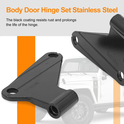 8 Pcs Body Door Hinge Set For Wrangler JK JKU Unlimited 07 18 Aluminum Interior Door Hinges Kit Black Heavy Duty Replacement SagProof Easy Install Smooth Door Alignment, close-up of black hinge with Jeep image in background