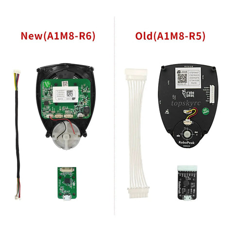 Comparison of RPLIDAR A1M8 360 Degree 2D Laser Range Scanner versions A1M8-R6 and A1M8-R5 with components shown