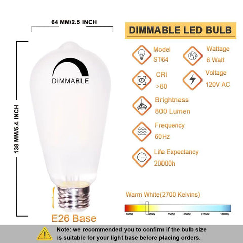 Image showing specifications of ST64 Vintage LED Bulbs 6W 60W Equivalent, 2700K Warm White, 800lm, Dimmable With E26 Base, Frosted Glass Cover.