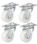 Pack of 4 white 2 Inch Swivel Caster Wheels made from durable polypropylene with 360 degree top plate for lightweight furniture.