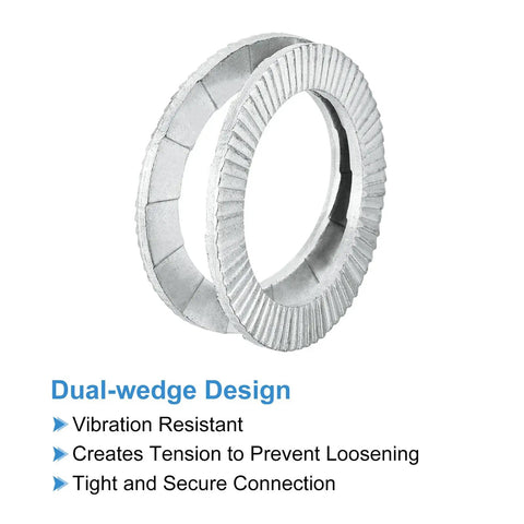Image of wedge locking washers showcasing dual-wedge design for securing M8-M20 bolts, made from beefy manganese steel, DIN 25201 standard.
