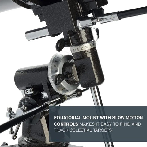 Close-up of manual German equatorial mount with slow motion controls on PowerSeeker 127EQ Telescope For Beginners.