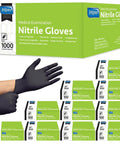 Inspire black nitrile gloves packaging with 100-count boxes; latex-free disposable gloves, large size.