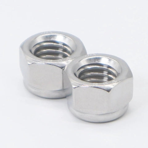 Built Tough And Top Shelf Quality M8 X 1.25mm Nylon Insert Lock Nuts Crafted From Durable 304 Stainless Steel These 50 Piece Metric Self Locking Nylock Hex Nuts Deliver Ironclad Holding Power Without Any Sloppy Play For Quick Garage Fixes - close-up of two shiny stainless steel nuts.
