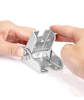 Hands holding Beefy Heavy Duty 90 Degree Self Locking Folding Sofa Bed Hinge Set, galvanized steel bracket with spring mechanism.
