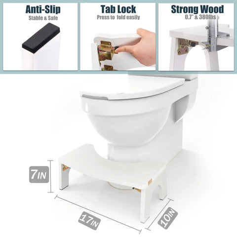 Wooden Toilet Stool For Adults Foldable 7 Inch Squat Poop Stool with Anti Slip Feet showing placement under toilet