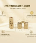 Gold Zinc Alloy Concealed Barrel Hinge For Jewelry Boxes And Cabinets, corrosion resistant gold finish, invisible pivot design.