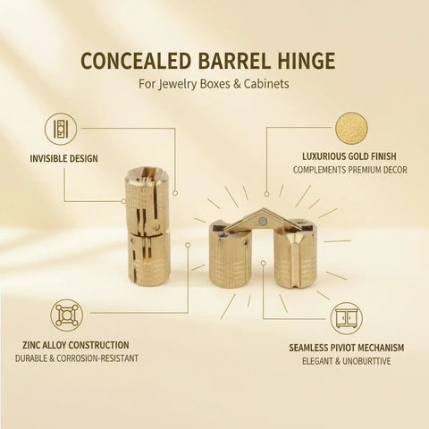 Gold Zinc Alloy Concealed Barrel Hinge For Jewelry Boxes And Cabinets, corrosion resistant gold finish, invisible pivot design.