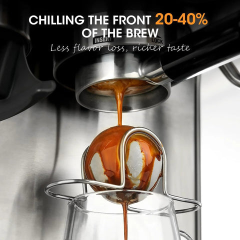 AIEVE XL espresso cooling ball, stainless steel chiller on a metal stand under espresso machine pouring into a glass.