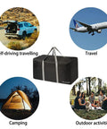 Ultra Spacious 96L Travel Duffle Bag For Men And Women with images of travel, camping, and outdoor activities.