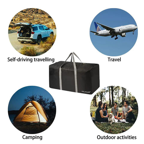 Ultra Spacious 96L Travel Duffle Bag For Men And Women with images of travel, camping, and outdoor activities.
