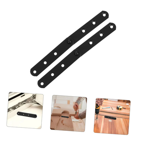 Front view of two black stainless steel concealed hinge strips with multiple mounting holes.