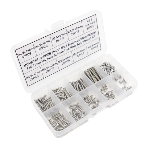 260 Piece Metric M2.5 Stainless Steel Phillips Flat Head Screws With Hex Nuts Assortment Kit in clear box for DIY projects