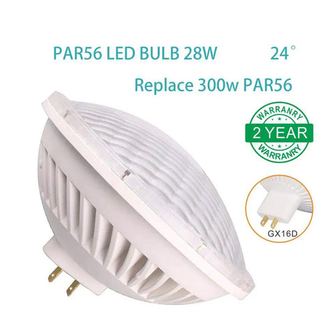 Par56 LED Bulb 28W Dimmable, 3000K Soft Warm White, 24 Degree Beam, 120V AC, GX16D Base, image with text overlay
