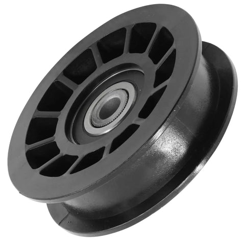 Drive Flat Idler Pulley Replacement Fit Husqvarna Dixon AYP Lawn Tractors For GT54 LS CS And More With 9.7mm Shaft side view showcasing black plastic material and bearing.