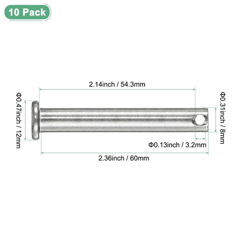 Ten Pack Stainless Steel M8 60mm Flat Head Clevis Pins 304 Grade shown with dimensions on white background