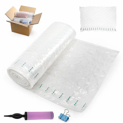 Bubble Cushioning Wrap For Packing 11.8x164 Ft With Pump, shown with inflatable air pillows and box for moving and shipping