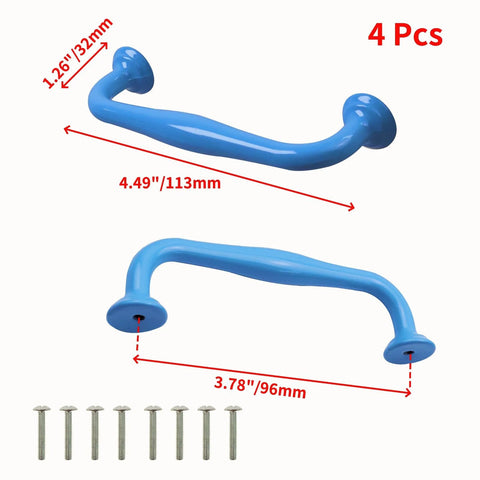 4 Pack Blue Aluminum Cabinet Pulls With 3.78 Inch Hole Centers 96mm And 4.49 Inch Length 114mm Drawer Handles, top view.