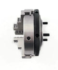 80mm 3 Jaw Self Centering Mini Lathe Chuck K01-80B with hardened steel jaws viewed from the side, showing metal construction and clamp features.