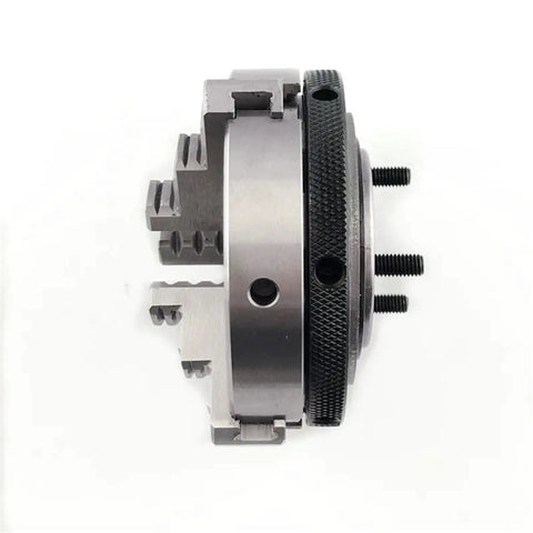 80mm 3 Jaw Self Centering Mini Lathe Chuck K01-80B with hardened steel jaws viewed from the side, showing metal construction and clamp features.