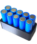 Adjustable 18650 Battery Welding Jig for DIYers Building Battery Packs and Power Banks, Pro Grade ABS Holder With 3 4 6 10 Hole Configurations for Stable Cell Assembly, 4 Piece Battery Assembly Tool Kit for Li Ion Cells. Blue cylindrical cells visible in holder.