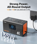 Slick Portable Power Station Delivering 135W Steady And 270W Peak Surge, showing dual AC outlets and charging status display.