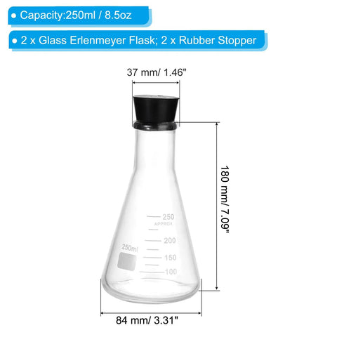 Two Pack 250ml Erlenmeyer Flask Set With Narrow Mouth Borosilicate Glass Printed Graduation Rubber Stopper 8.5 Oz Capacity