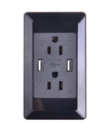 Dual USB Wall Outlet With Fast Charge Ports Super Slick Cord Clutter Free Design Rock Solid 15A Receptacle in black, front view.