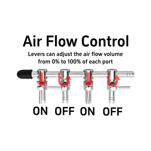 Built Like A Tank Premium Two Pack Four Way Aquarium Air Pump Splitter Valve For Fish Tanks Smooth Airflow Control Manifold showing levers to adjust airflow.