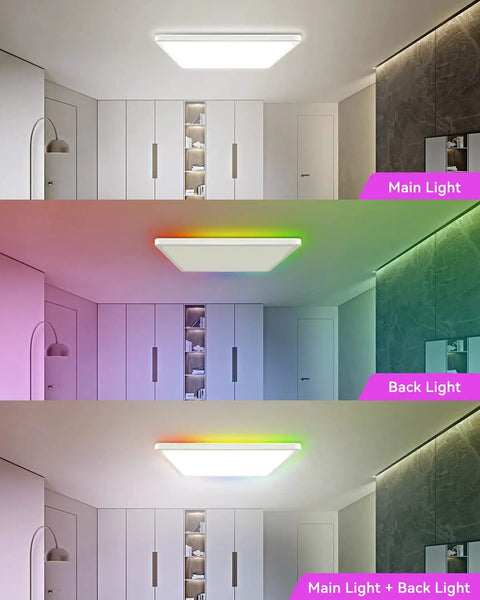 Remote Controlled 12 Inch LED Ceiling Light, Dimmable 24W Flush Mount Fixture with RGB Color Changing Backlight in Room