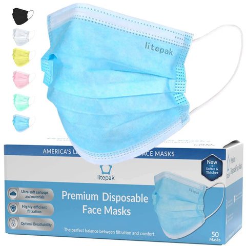 Box of Litepak premium disposable face masks with assorted colors, ultra-soft ear loops, and nose wire for comfortable wear