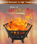 Hexagon 22.5 Inch Portable Fire Pit With Travel Bag, Smokeless Patented Design, showing high-temperature resistance label