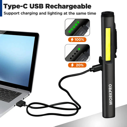 Rechargeable Penlight With 365Nm UV Black Light, 450 Lumen COB Flood Light Plus 120 Lumen Spotlight connected to USB port