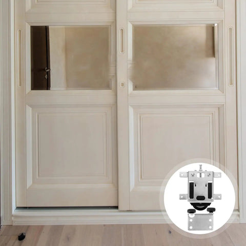 Heavy-Duty Stainless Steel Sliding Door Roller Kit With Double Bearings, installed on a sliding door with a smooth glide.