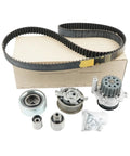 Top Rated V Belt Drive Set With Timing Belt Tensioner Idler Kit And Water Pump For VW And Seat 1.6 TDI Or 2.0 Tdi Models, Heavy Duty Gear To Keep Your Ride Purrrrfectly Smooth On The Go. belt kit with tensioner, idler, water pump, pulleys and bolts on box
