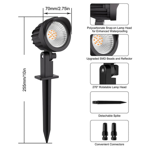 Low Voltage 7W Outdoor Landscape Lights with Connectors featuring 2700K warm white LED, IP66 waterproof spotlight for garden and yard