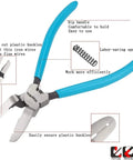 Panel Clip Pliers For Auto Trim Removal And Fastener Pry Tools With Non Marring Tips, blue handle, chrome-vanadium steel with labels.