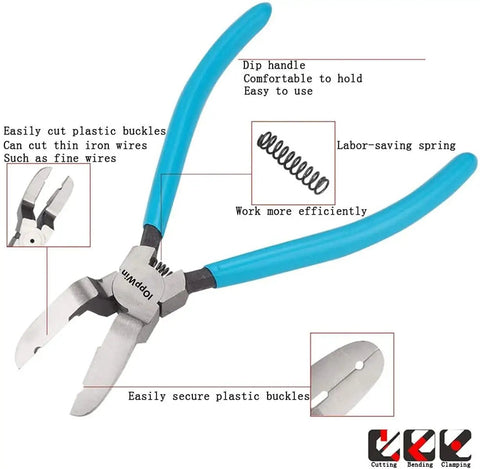 Panel Clip Pliers For Auto Trim Removal And Fastener Pry Tools With Non Marring Tips, blue handle, chrome-vanadium steel with labels.