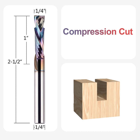 SpeTool compression spiral router bit, carbide with TAC coating, 1/4 in shank, 1 in cutting length, close-up view