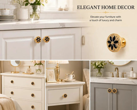 Modern Floral Cabinet Knobs With Matte Black Finish, 6 Pack Decorative Drawer Handles For Dressers And Kitchen Cupboards on cabinets.