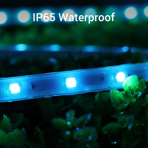 Smart Outdoor Rope Light 49.2ft RGB LED Strip With Music Sync, showcasing IP65 Waterproof feature in a garden setting at night.