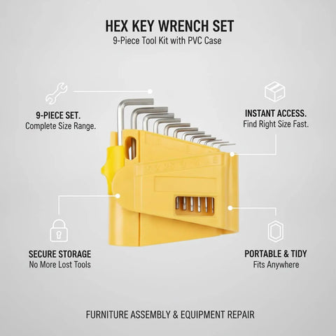 Rock Solid Nine Piece Hex Key Wrench Kit Pack With Durable Soft Lock PVC Case For Easy Furniture Assembly And Home Repairs Keep Your Tools Organized Securely, 9-piece yellow PVC case