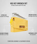 Solid 9-Piece Hex Key Wrench Set With PVC Case For Furniture Assembly And Equipment Repair Keep Your Tools Neat And Secure With This Awesome Toolkit That Hits All The Right Sizes Without Breaking A Sweat. 9-piece yellow hex key set in PVC case