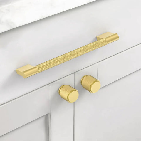10 Pack 6.3 Inch Brushed Gold Knurled Kitchen Cabinet Handles for Cupboards and Drawers Premium Knob Pulls Durable Metal Hardware Easy Install Sleek Modern Cabinet Pulls on white cabinet